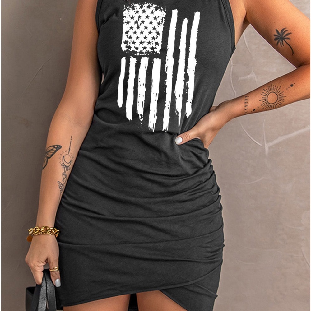 US Graphic Flag Tulip Hem Ruched Sleeveless Dress